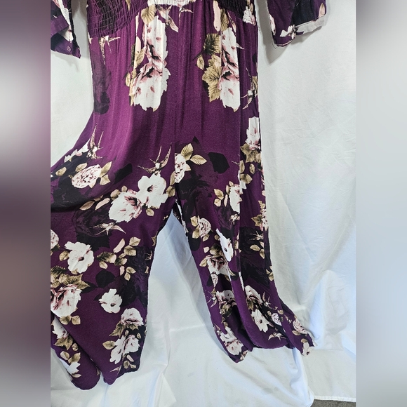 Jaase Floral Wide Leg Jumpsuit Size L Plum Purple Boho Smocked Waist Rayon - Picture 2 of 11
